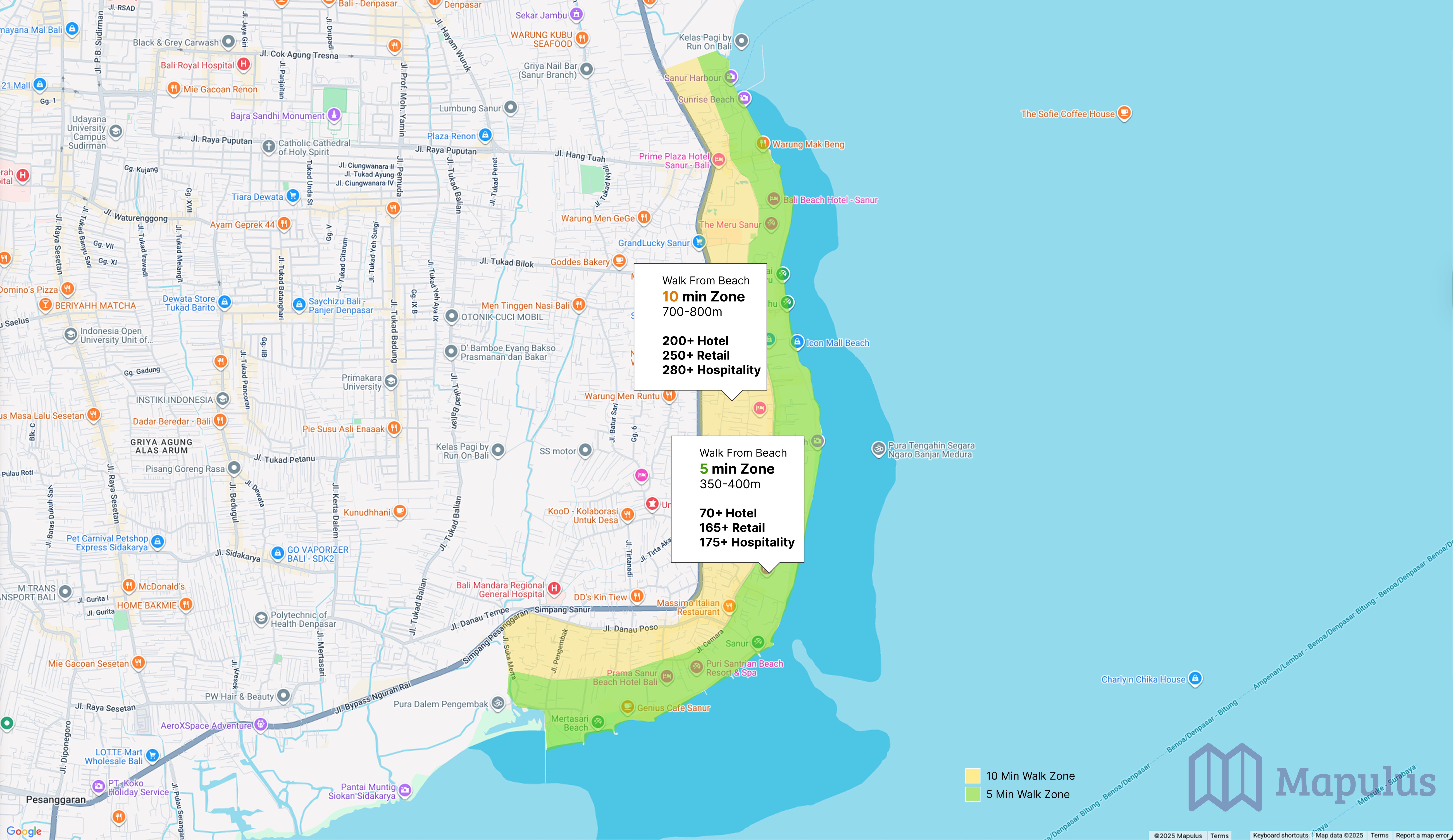 Walk time zones from Sanur beach showing proximity of hotels, retail, and hospitality venues