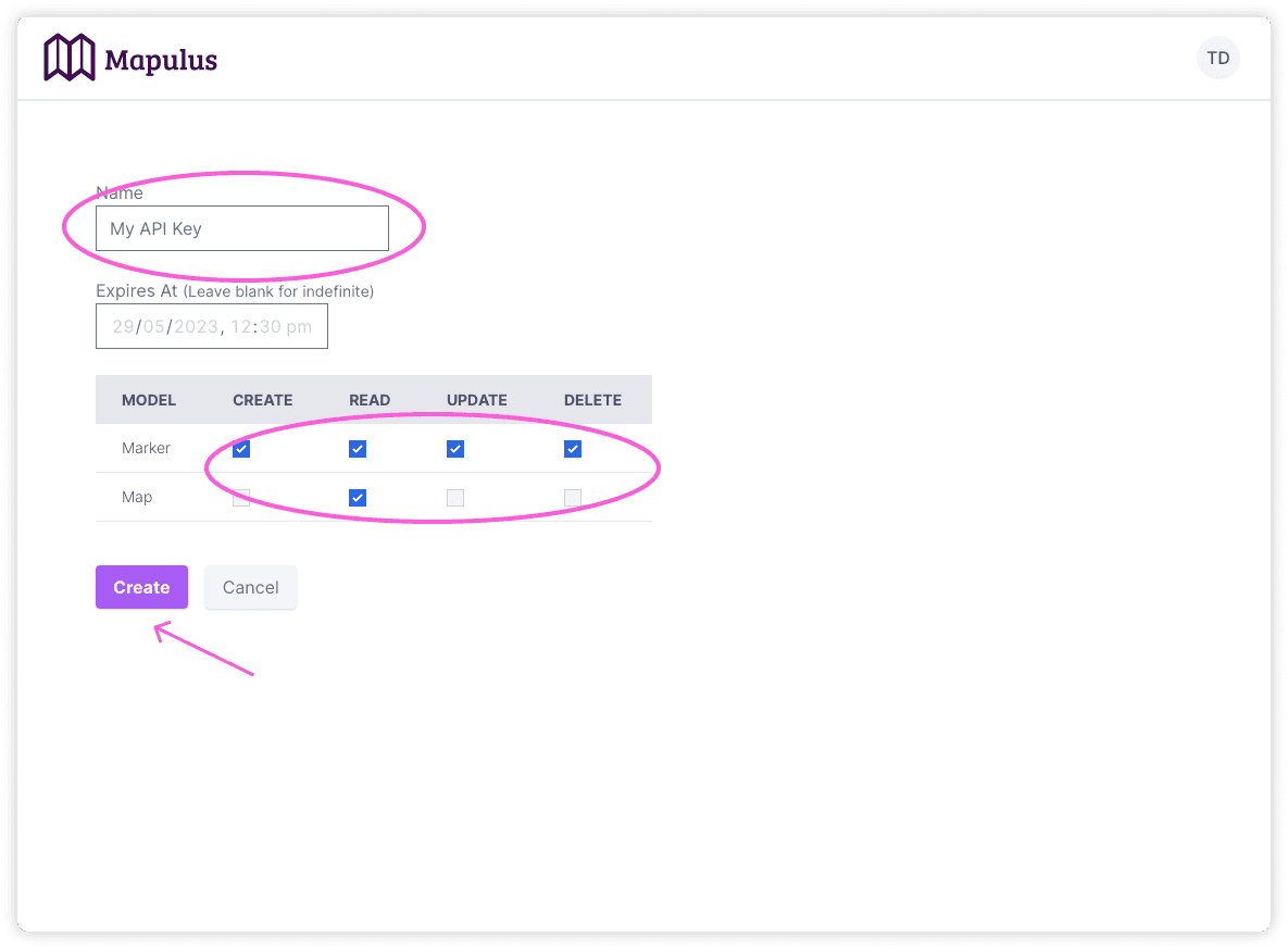 Click Create to generate the API key image
