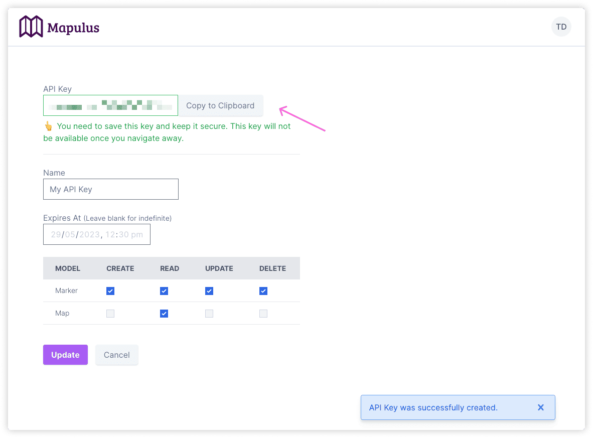 After creation, the API key is displayed once only; copy and securely store it immediately image.