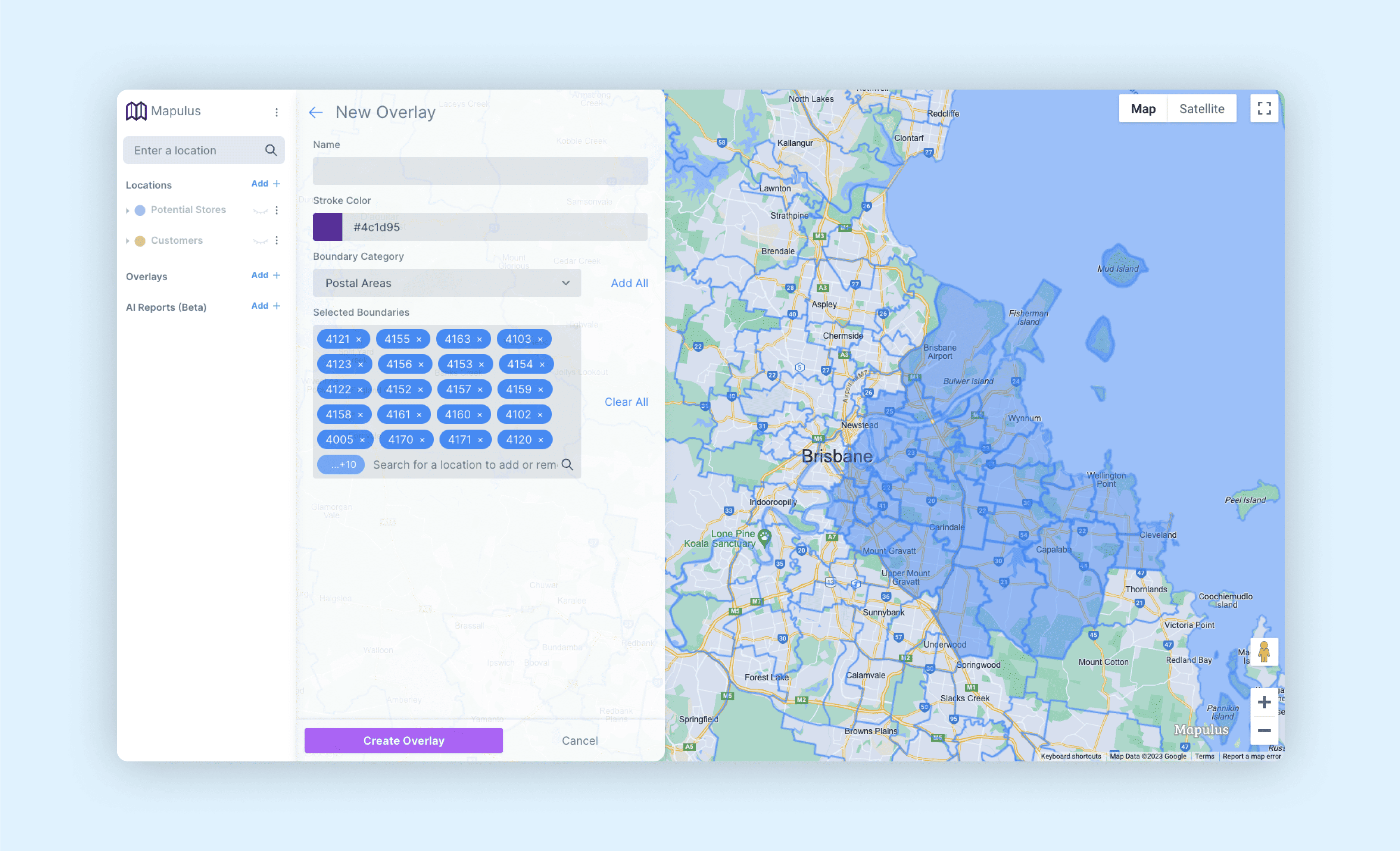 Selecting postal areas on a Mapulus map