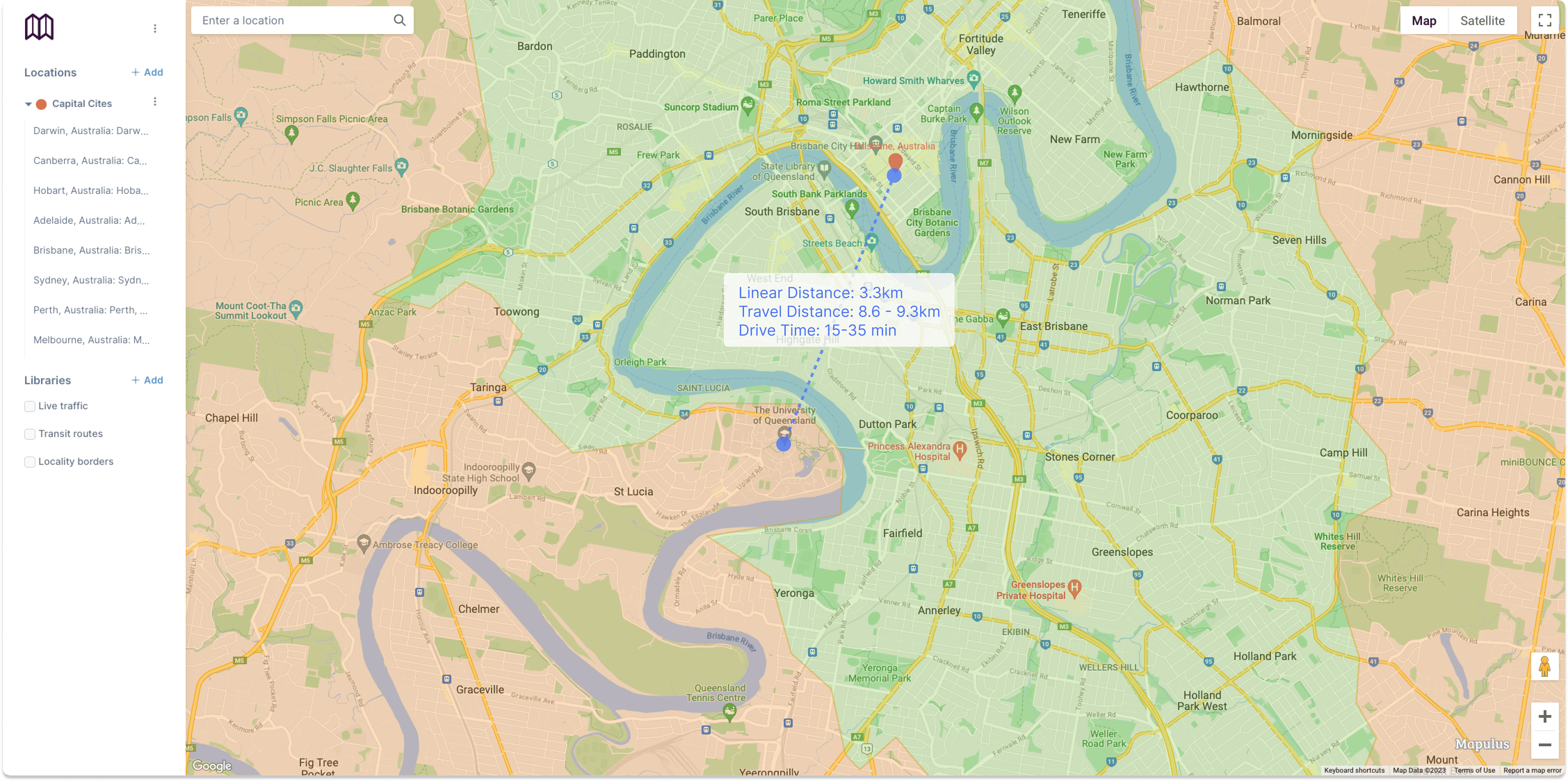 Map of Brisbane with travel isochrone and travel measurements to QUT
