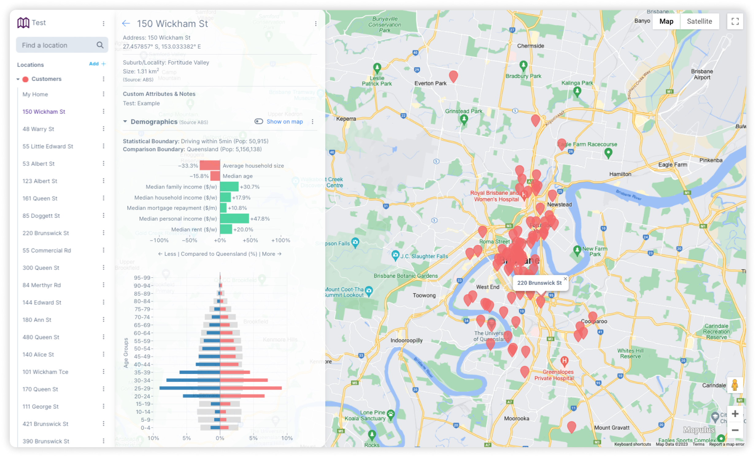 Customer locations on a Mapulus map