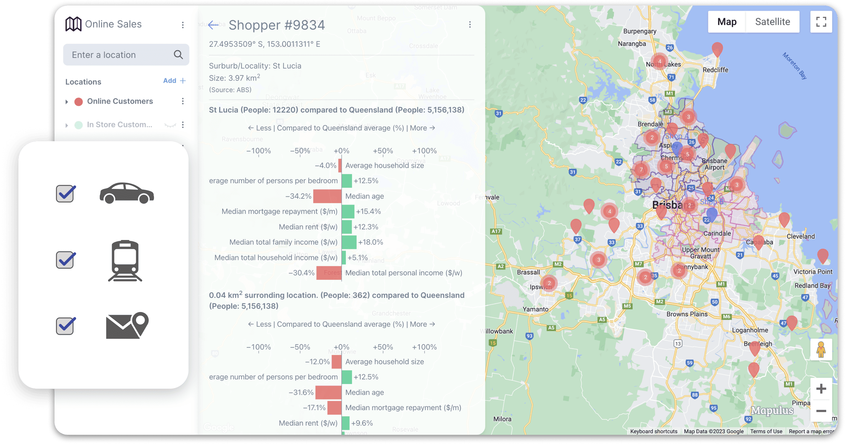 Geographic information system (GIS) map demogrphics data and cluster overlays.