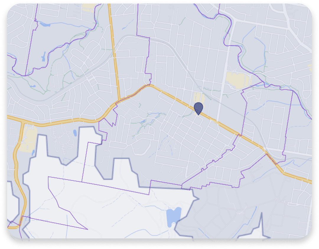 Geographic information system (GIS) map with marker and suburb or postcode locality boarders.