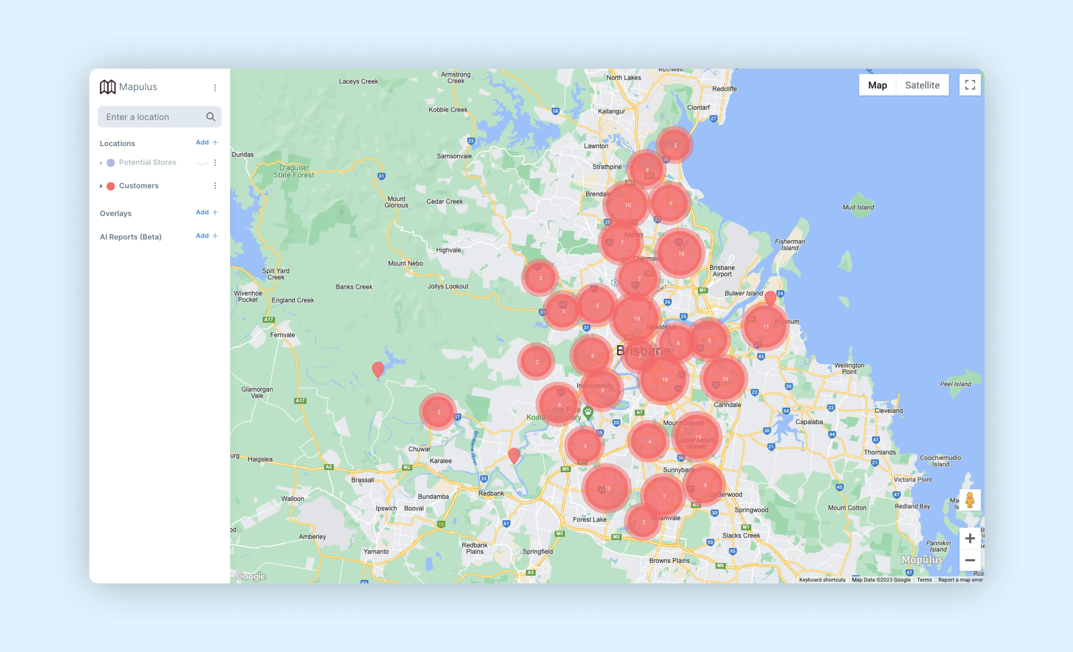 Clusters of customer locations on a map