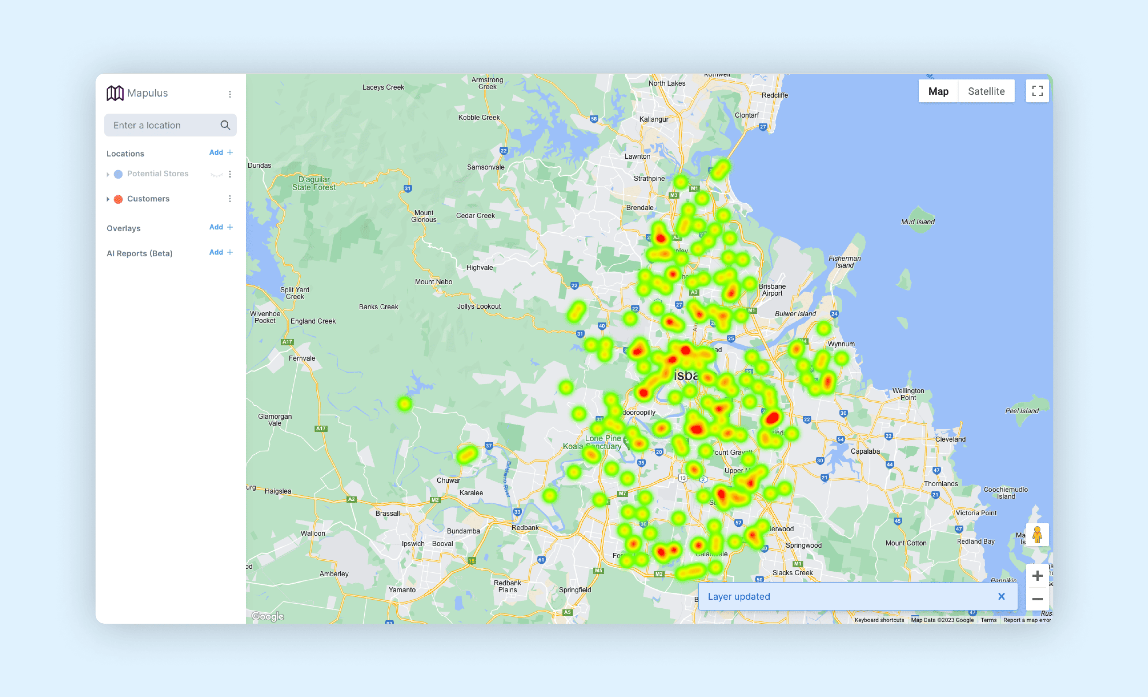 Heatmap of customer locations on a map