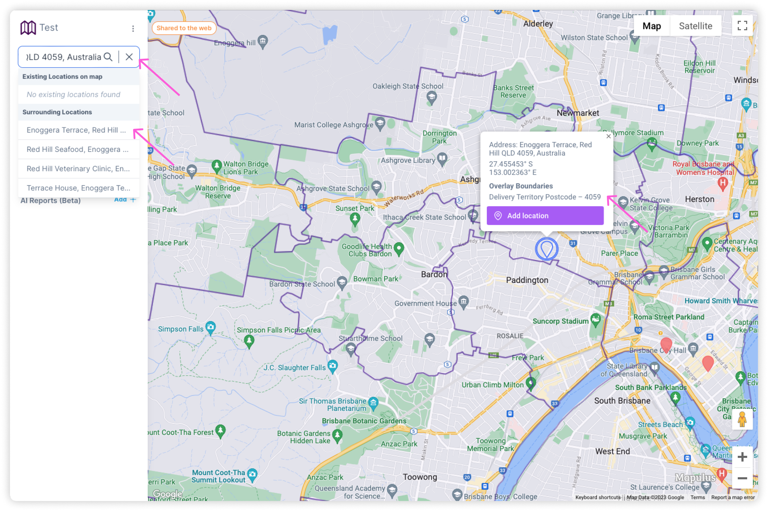 Discover boundaries around an address on a Mapulus map