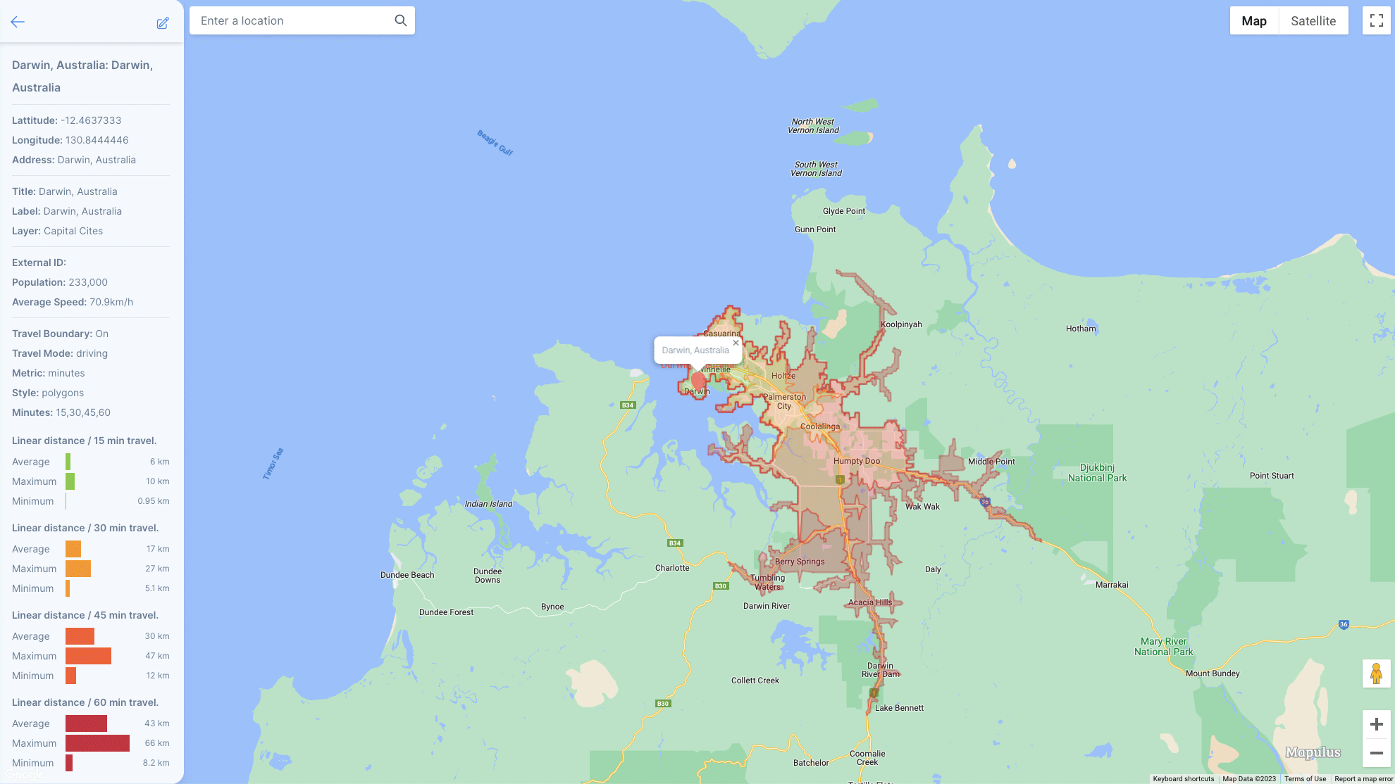 Images of travel isochrone on Australian Capital Cities.