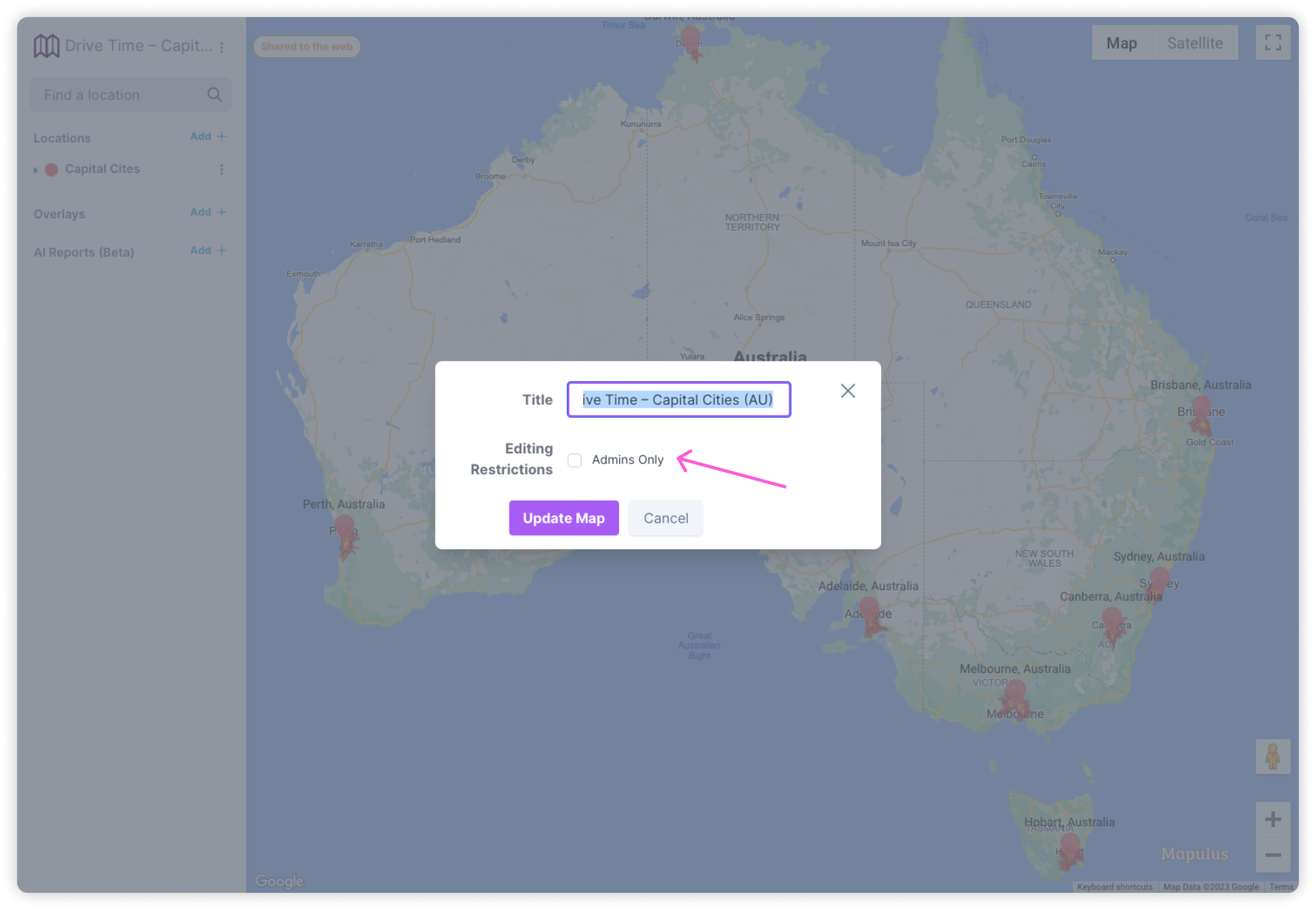 Admin controls for a Mapulus map