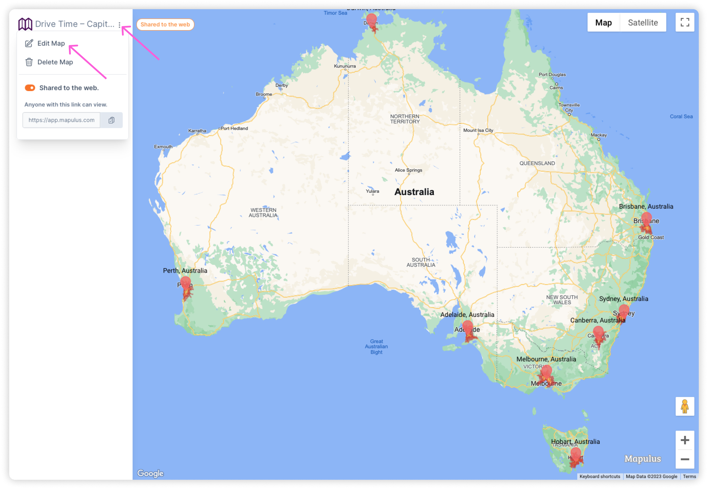 Admin controls for a Mapulus map