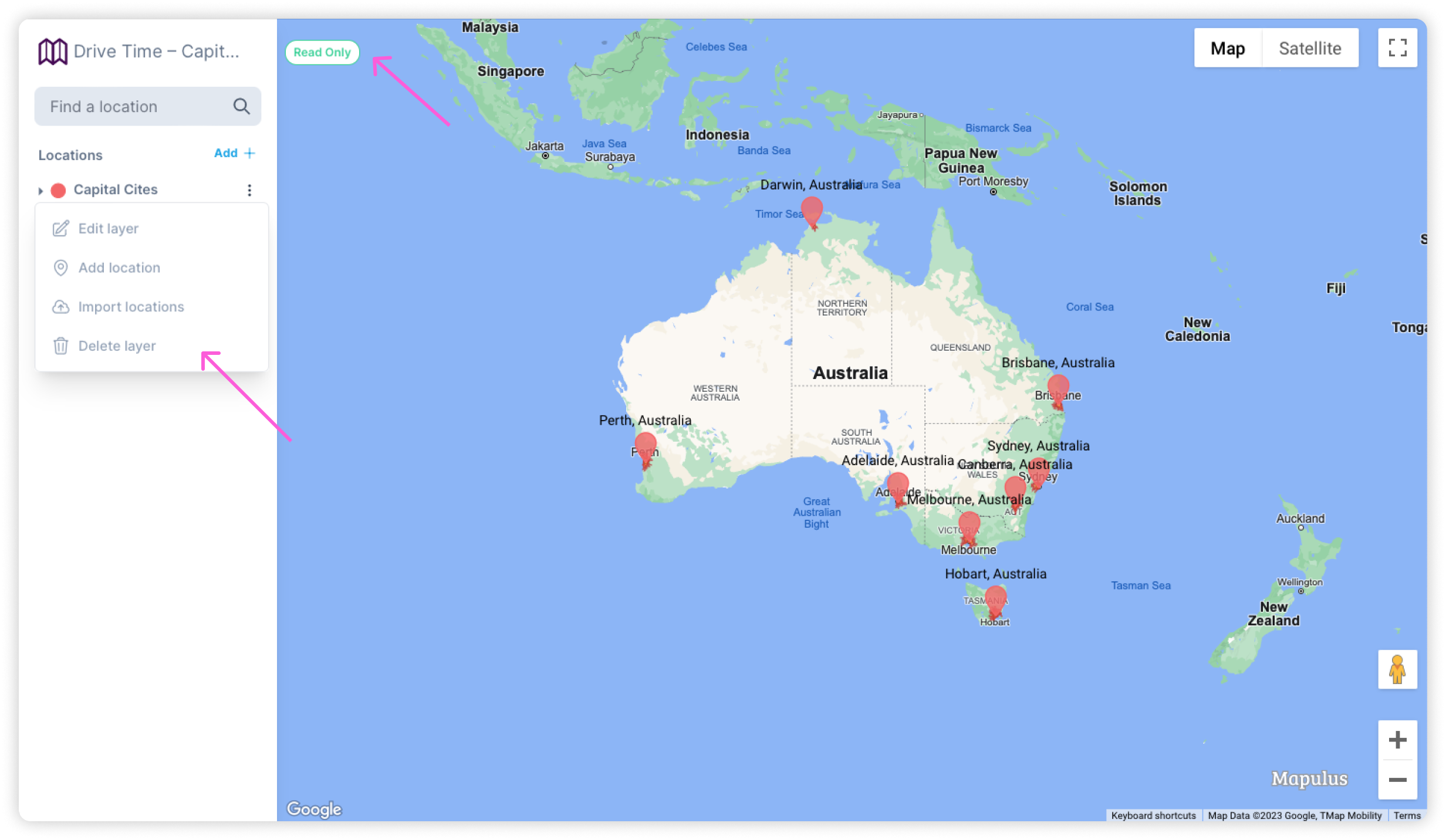 Admin controls for a Mapulus map