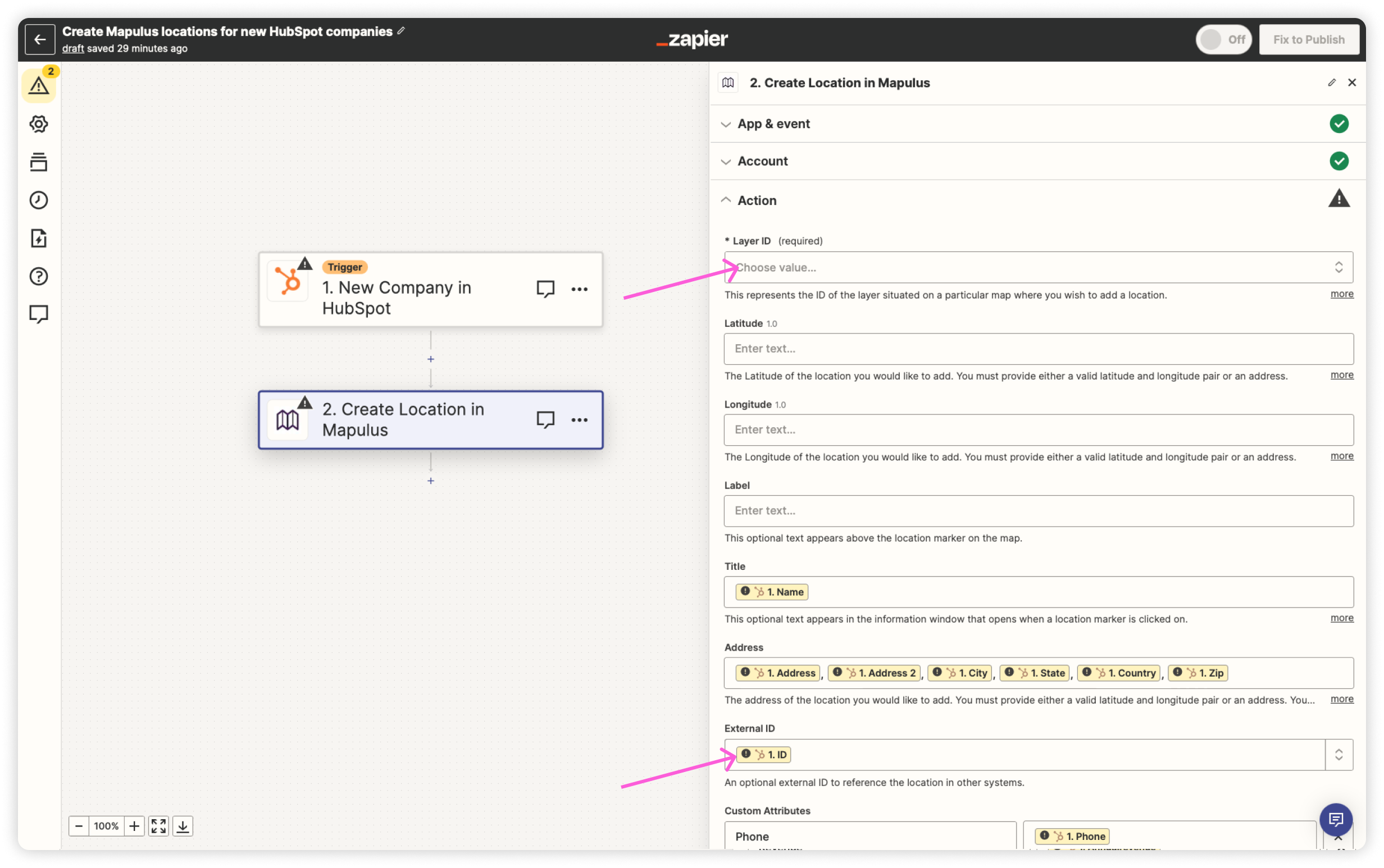 Select the Layer in the Mapulus Create Location Step.