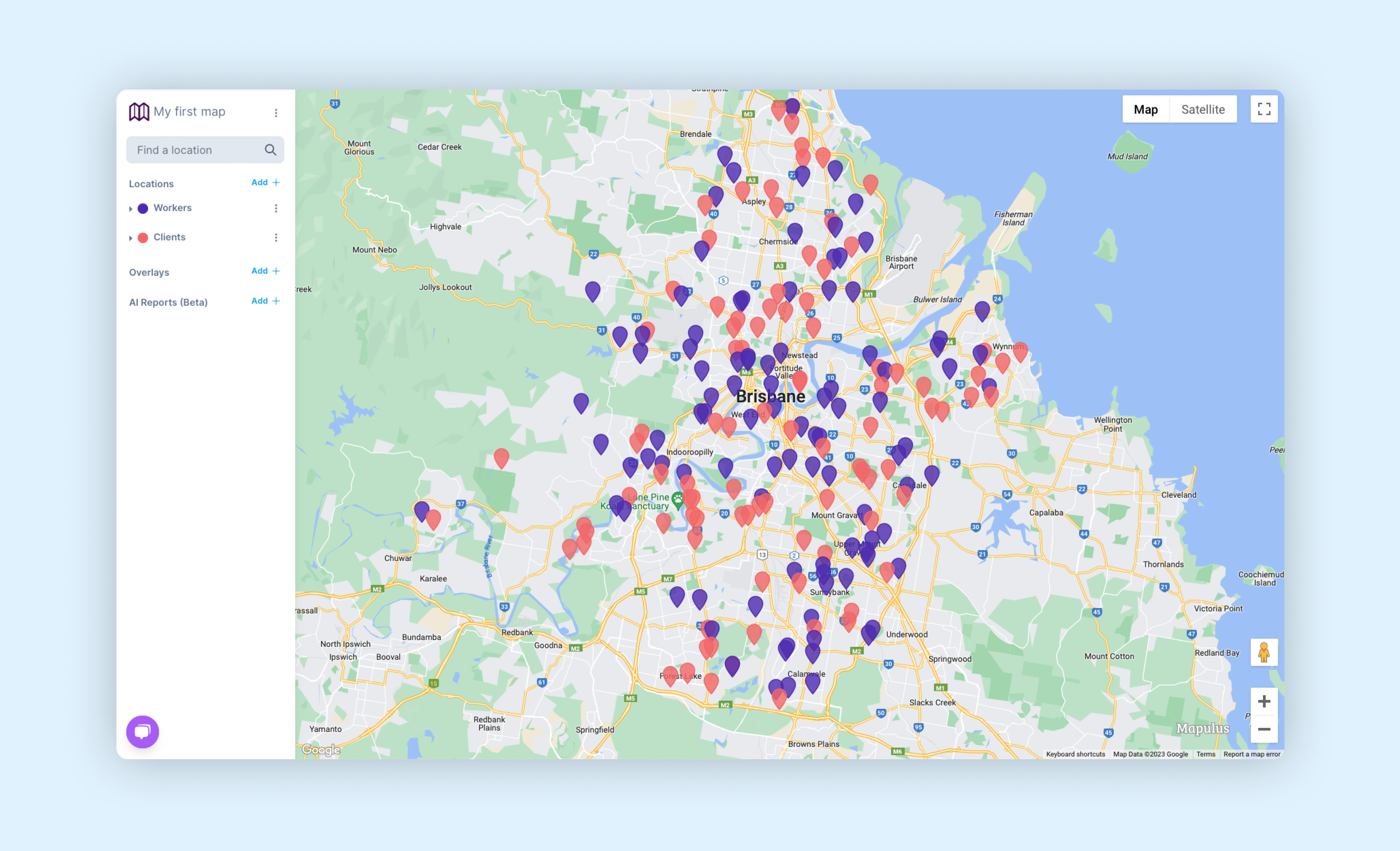 Mapulus map with worker and clients or customers locations