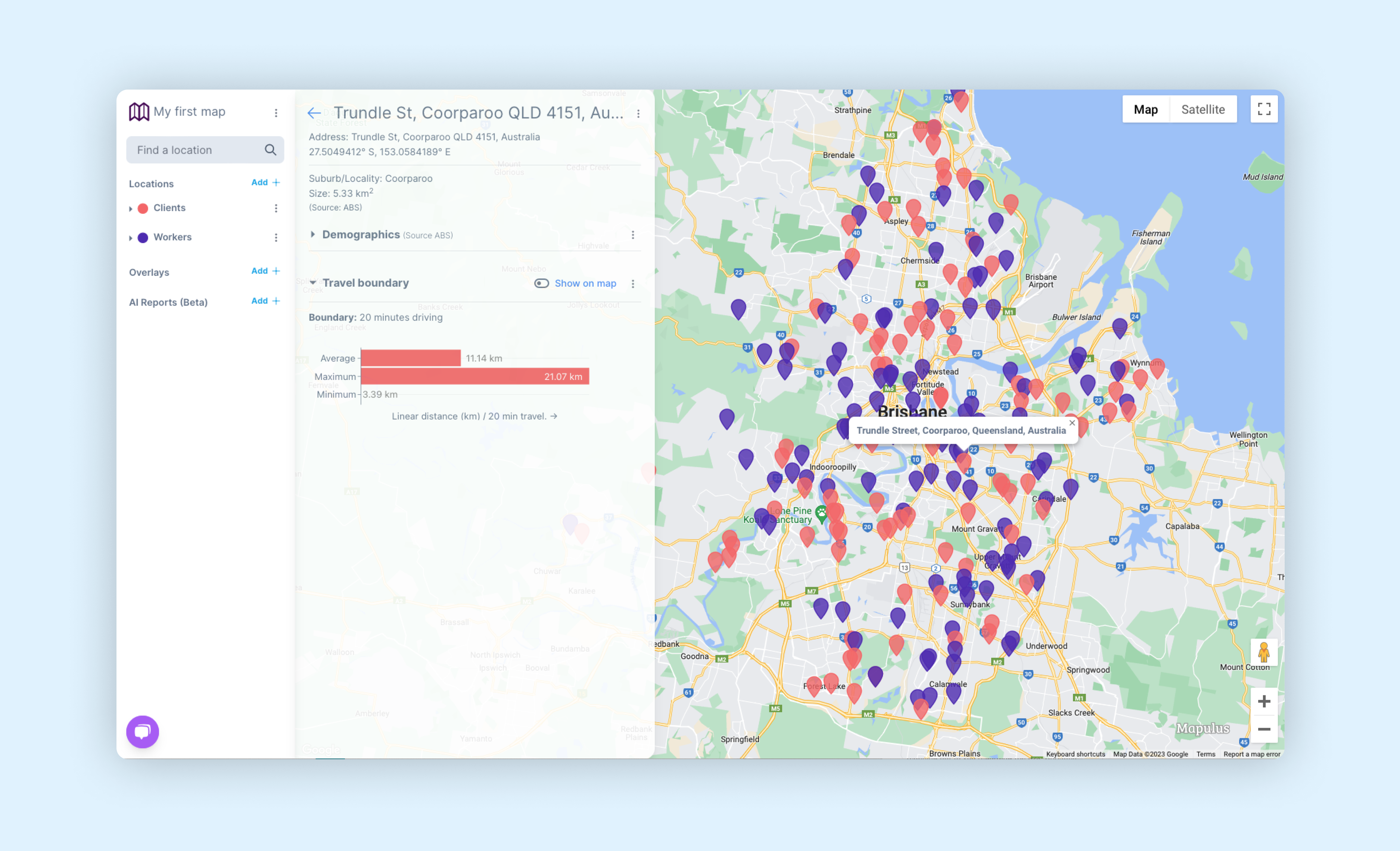 Mapulus map with worker and clients or customers locations with one location selected