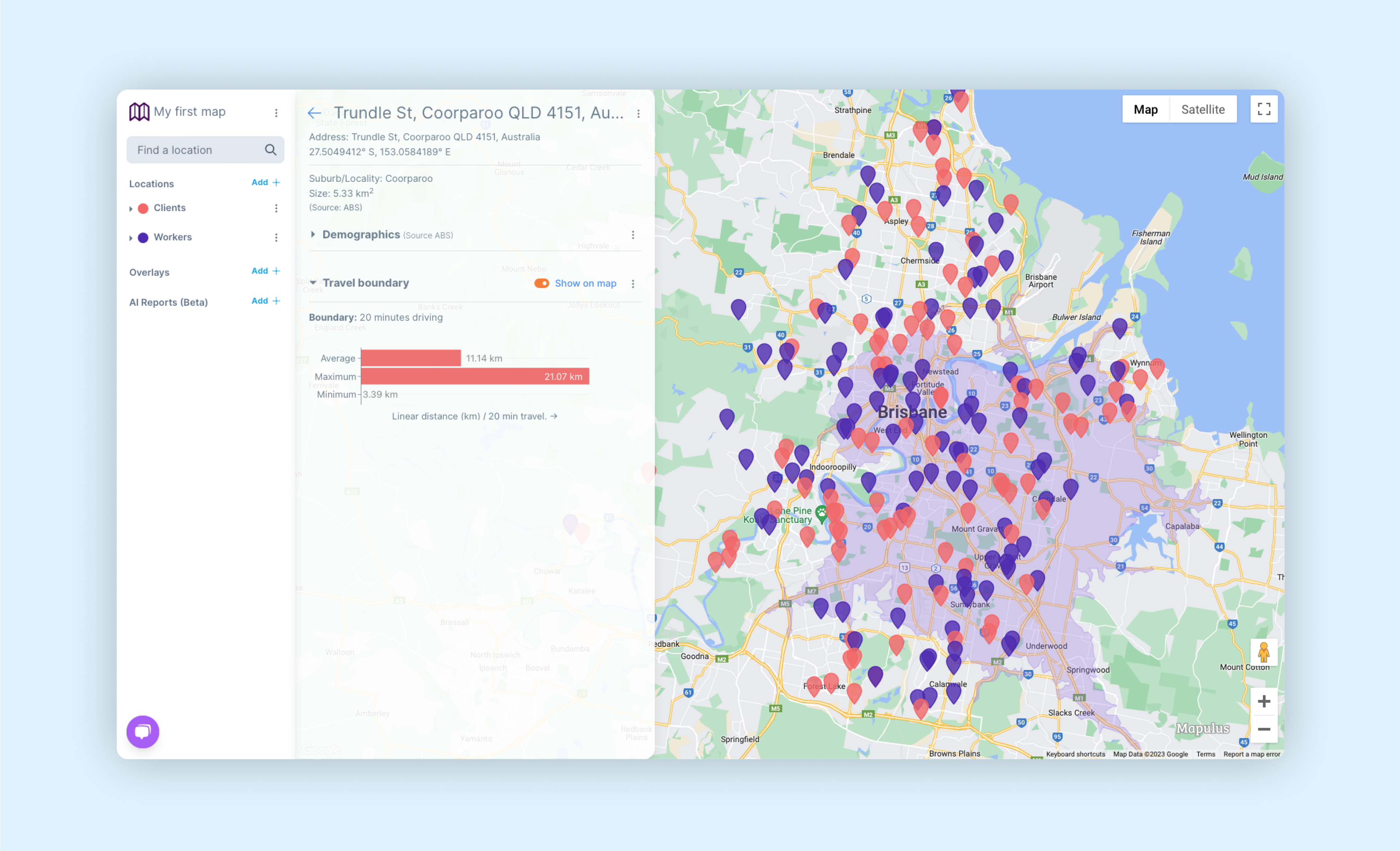 Mapulus map with worker and clients or customers locations with travel boundary enabled