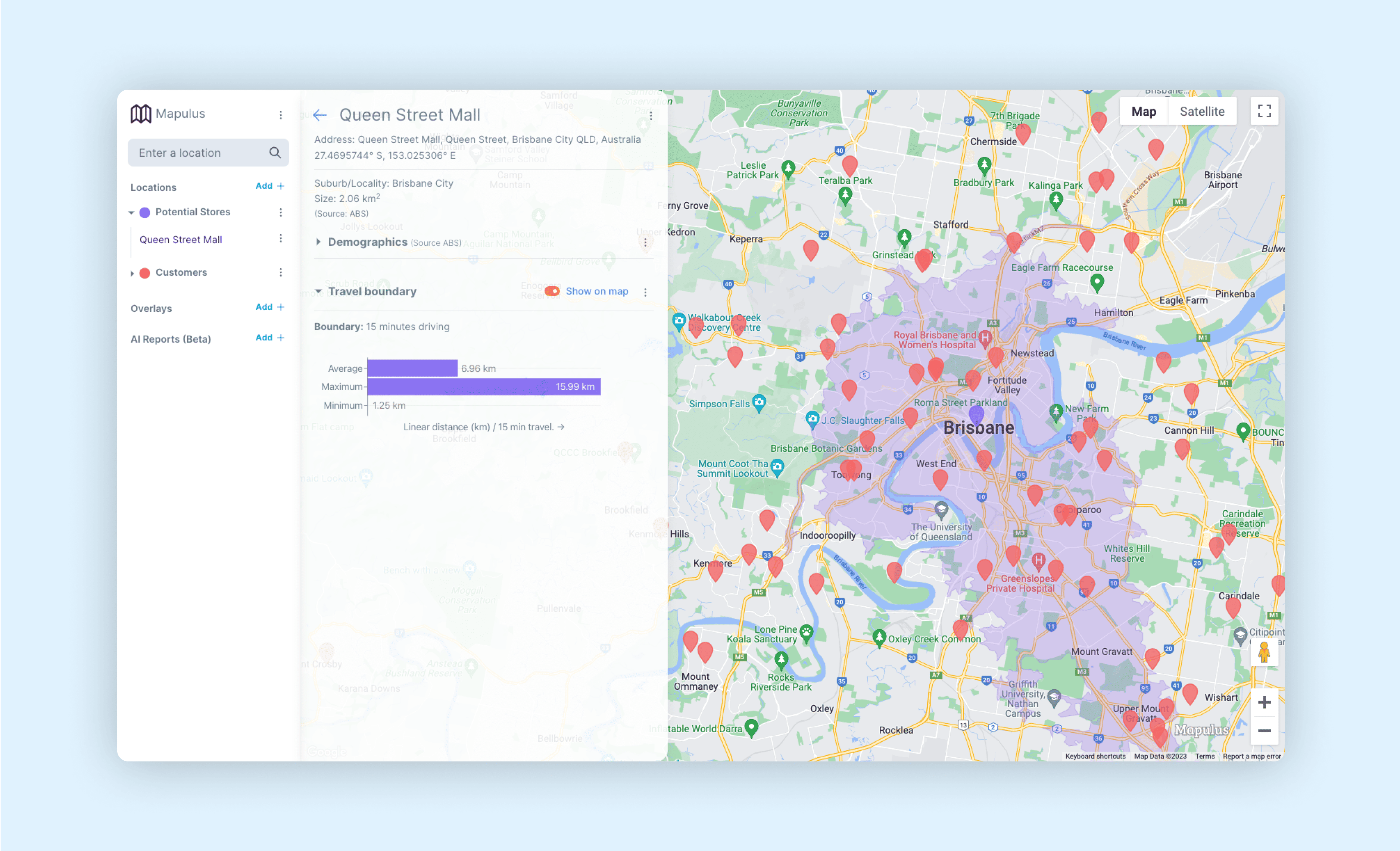 Multiple markers on a Mapulus map with travel boundary isochrone