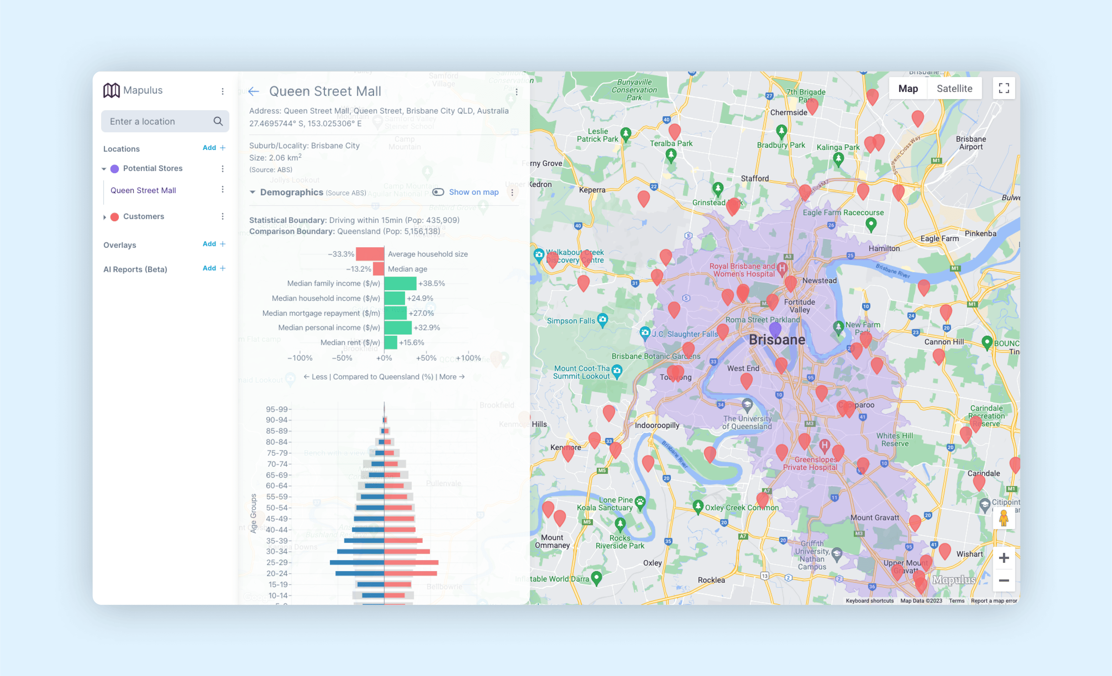 Multiple markers on a Mapulus map with travel boundary isochrone and demographics plots