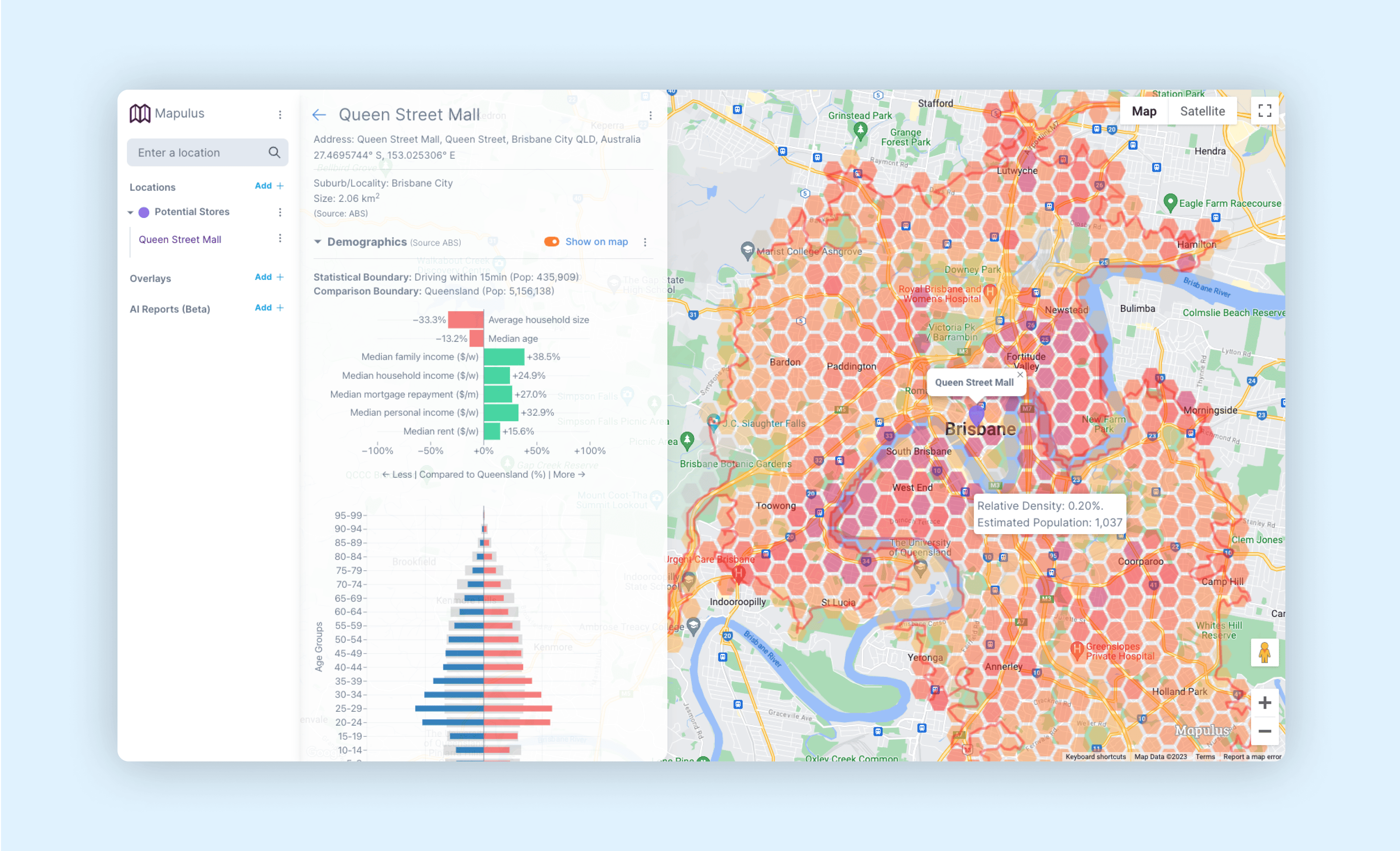 Hexbin demographic overlay on a map with density tooltip