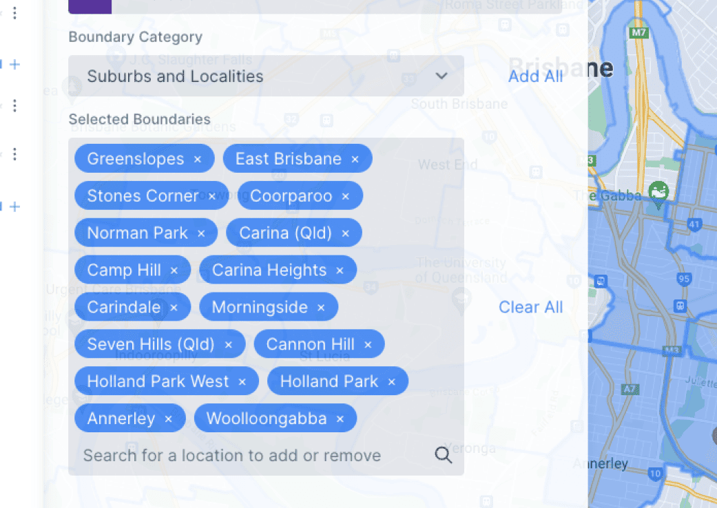 Selection of suburbs on a map