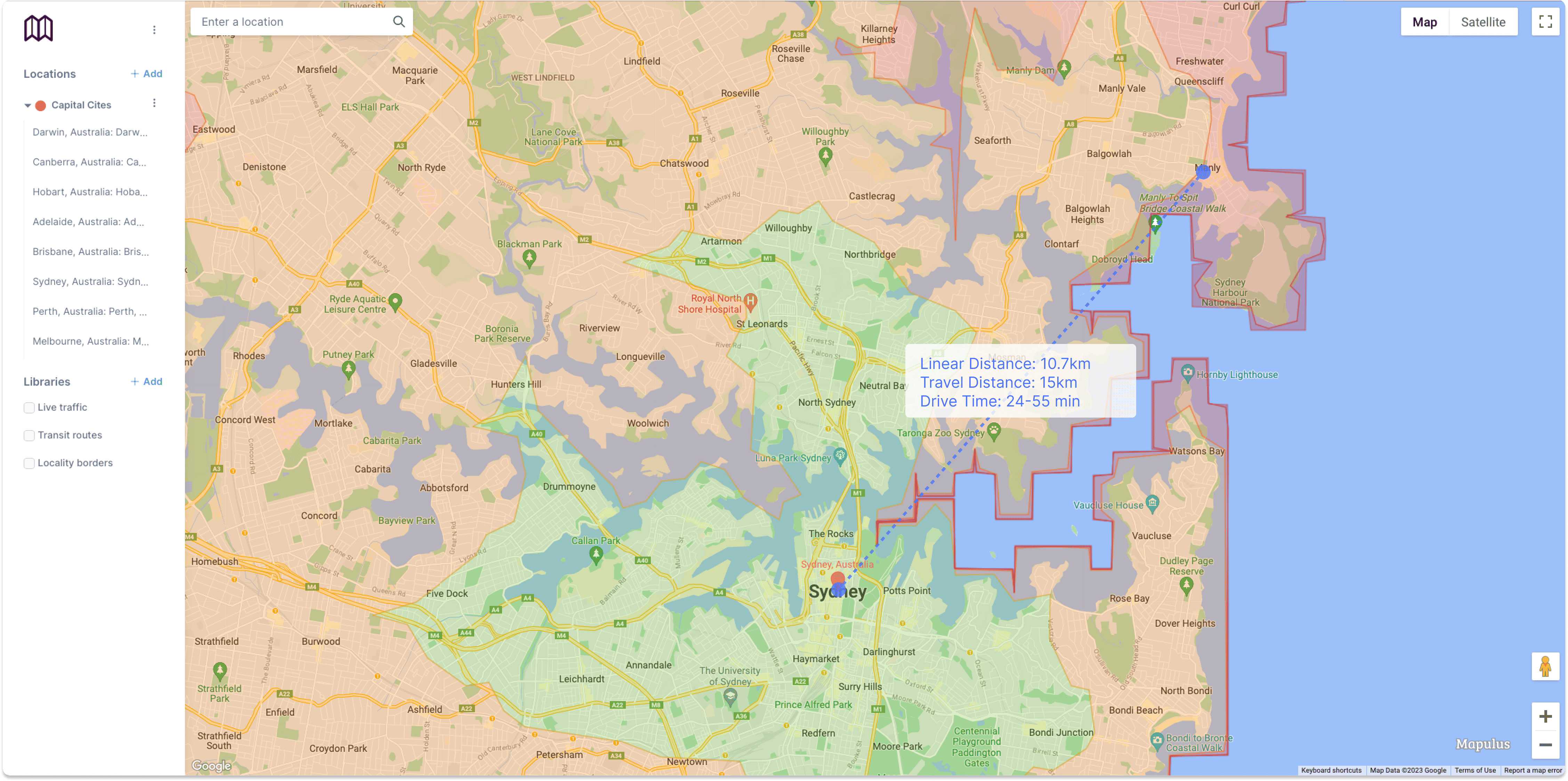 Map of Sydney with travel isochrone and travel measurements to Manly NSW