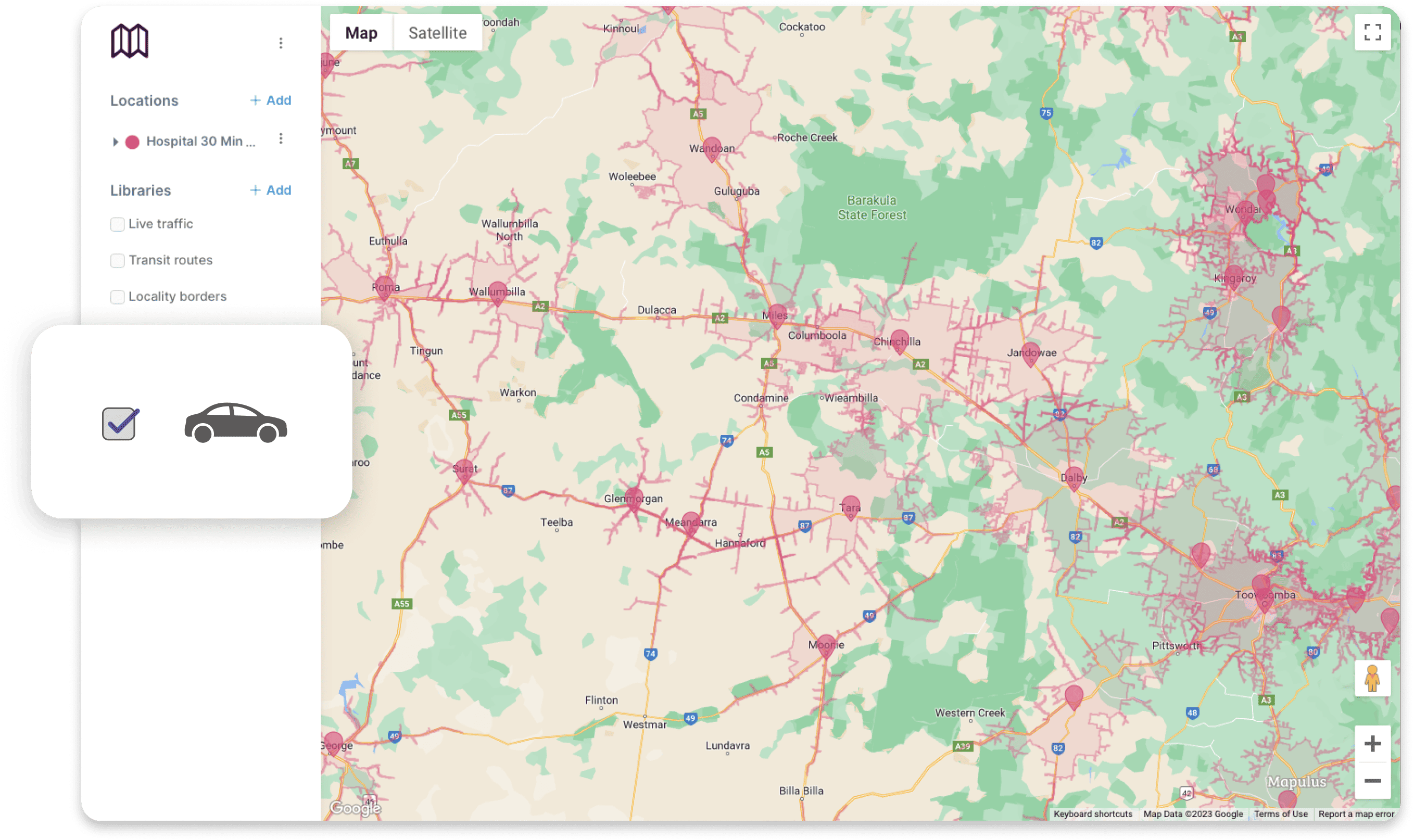 Geographic information system (GIS) map with markers on a map and travel bondaries (isochrones) defined.