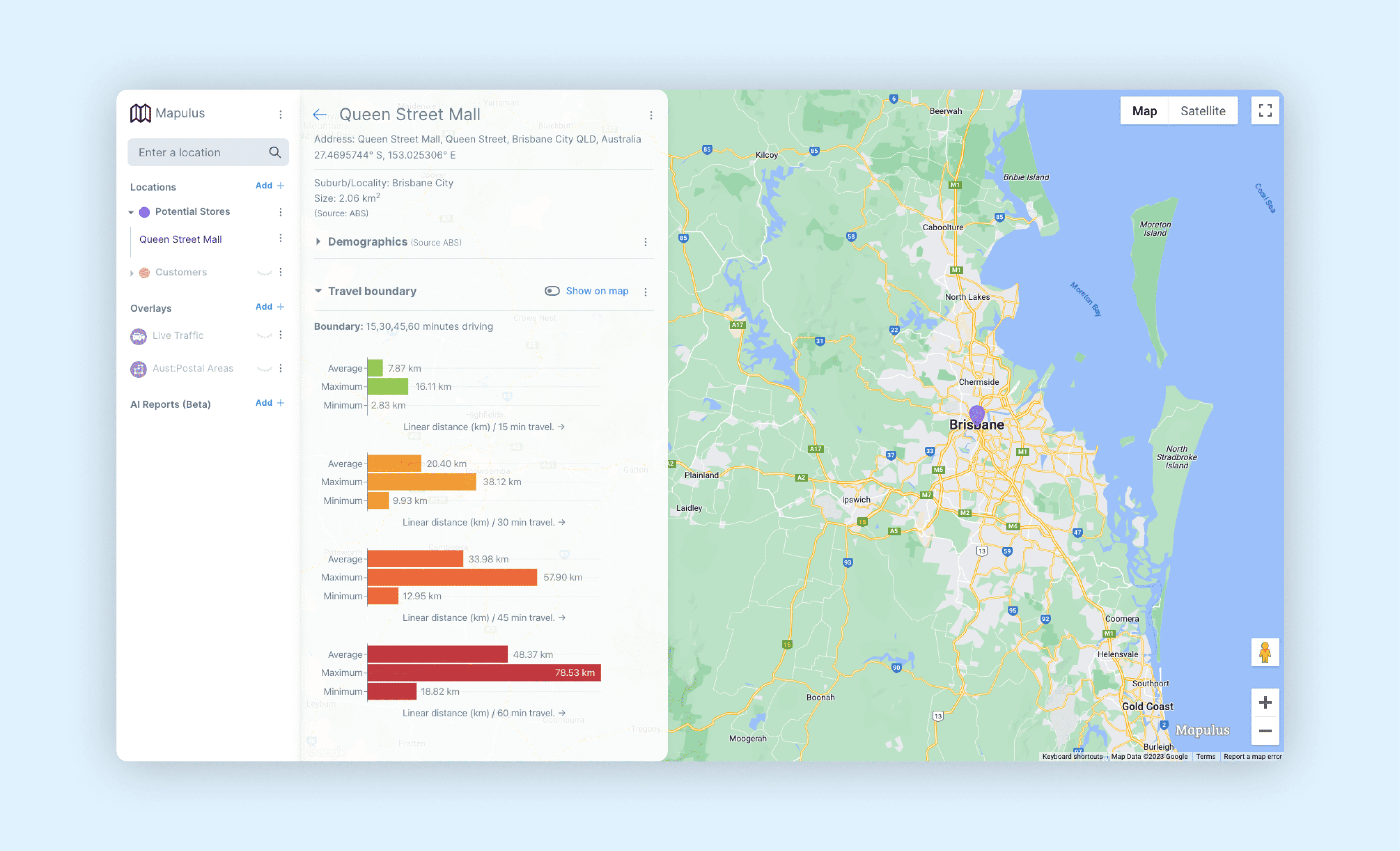 Mapulus map UI with location draw and linear travel time plots