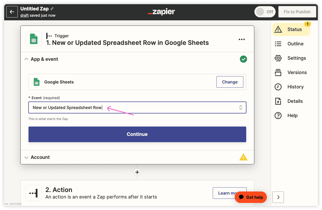 Click on Make a Zap at the top of the page.
