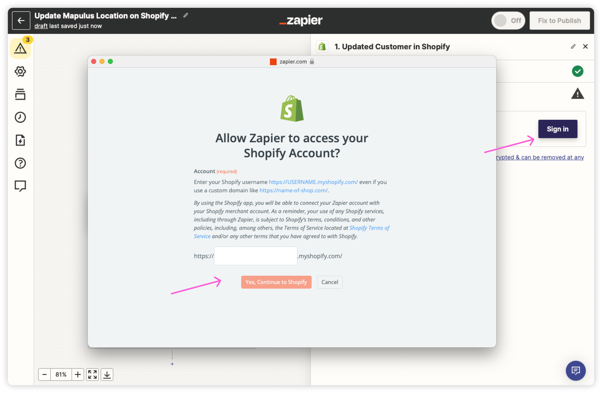 Click on sign in to connect Shopify with Zapier